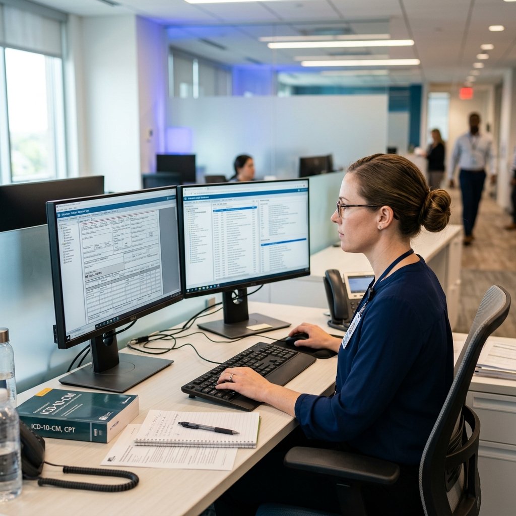 Medical billing specialist processing claims with ICD-10 coding reference