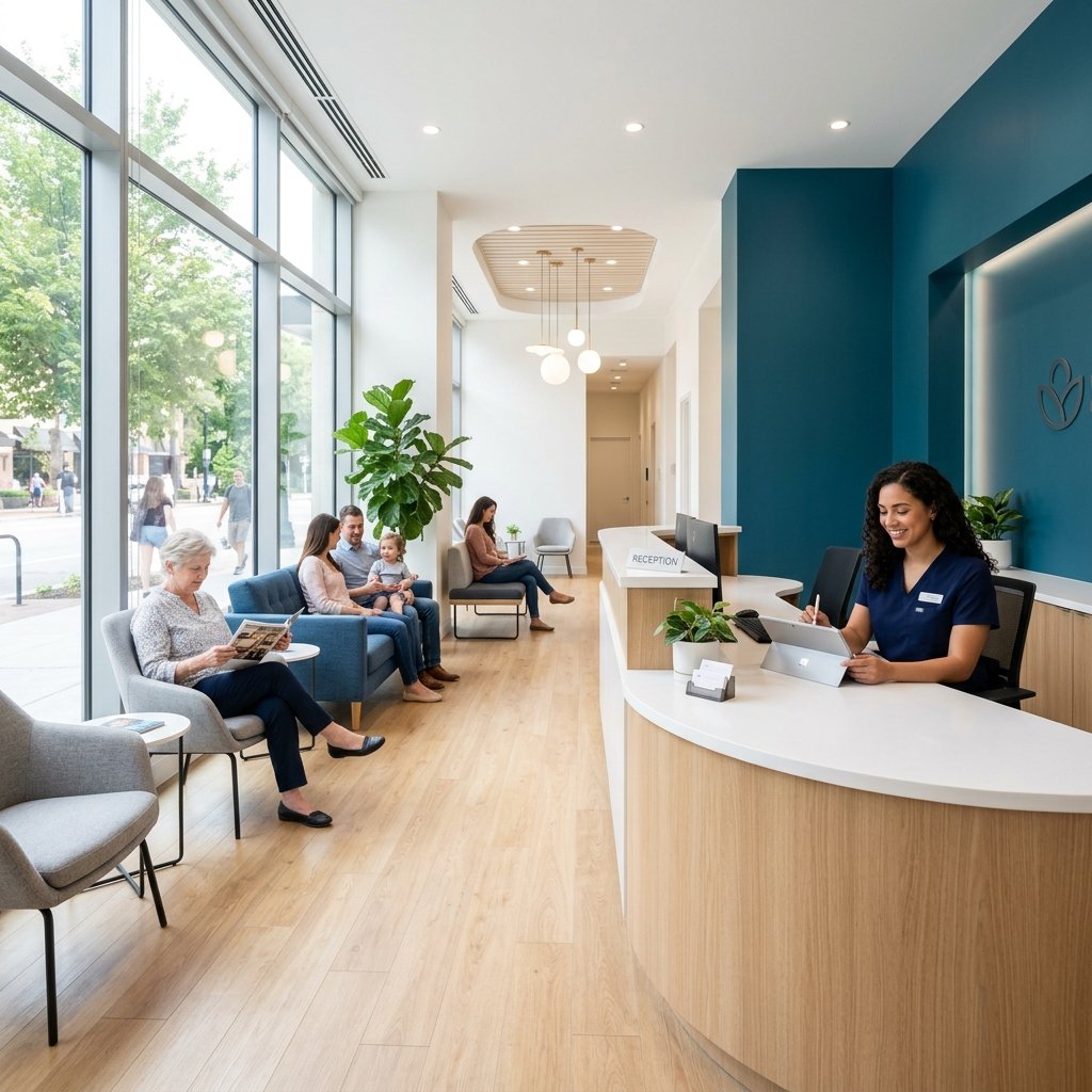 Modern medical clinic reception with integrated practice management