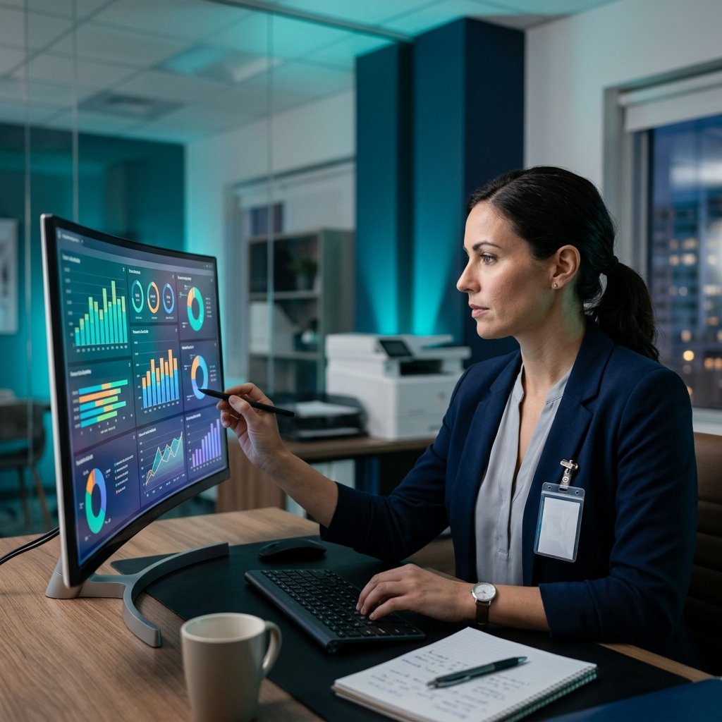 Healthcare financial analyst reviewing revenue cycle data on modern dashboards